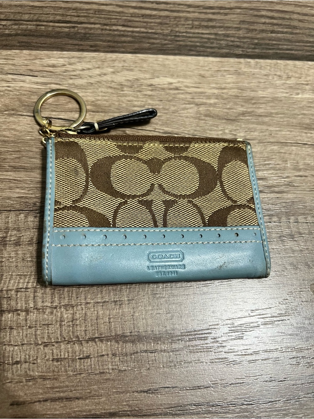 Vintage Coach Y2K Brown Signature Canvas Card Case with Light Blue Trim